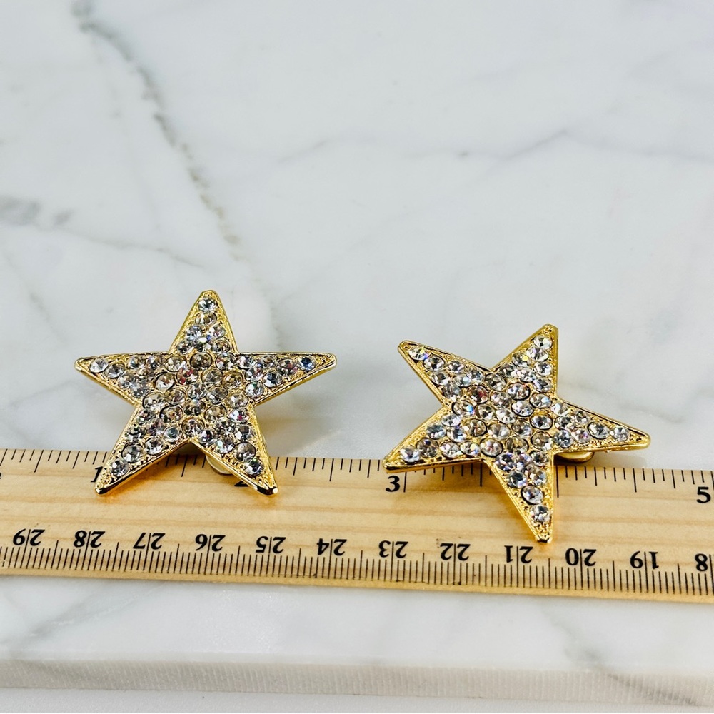 Vintage Huge Rhinestone Star Earrings 80s Clip On Gold Bling Sparkle Cos… - Picture 7 of 10